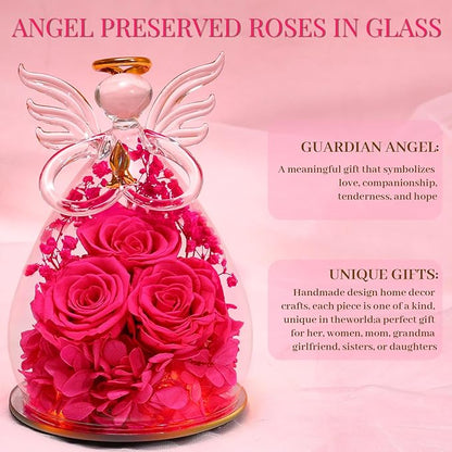 Beferr Valentines Day Rose Gifts for Her Women Mom Gifts for Birthday, Fresh Flowers for Delivery Prime Forever Preserved Rose in Glass Angel Figurine, for Grandma Wife Kids Daughter