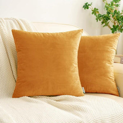 HWY 50 Orange Velvet Throw Pillow Covers 20x20 Inch, Pack of 2 Soft Cozy Solid Decorative Fall Luxury Cushion Cases for Couch Sofa Bed Living Room Bedroom