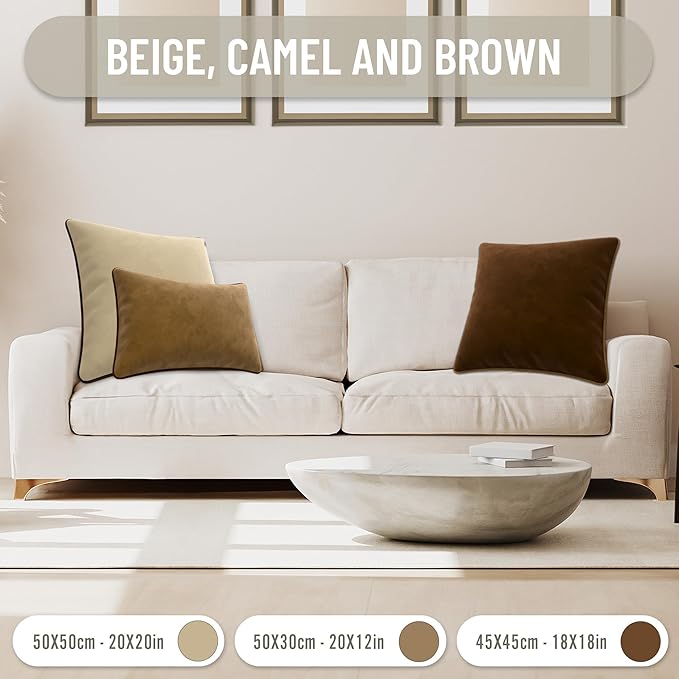 Set of 2 Decorative Throw Pillow Covers Cushion Cases. Soft Velvet. Contrast Pipping Edge. Filling Not Included. (20x20in, Camel/Beige)