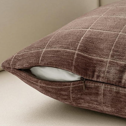 MIULEE Decorative Chenille Check Throw Pillow Covers Vintage Plaid Couch Pillows 20x20 Inch Set of 2 Neutral Boho Farmhouse Cushion Covers Modern Home Decor for Sofa Bed Living Room Reddish Brown