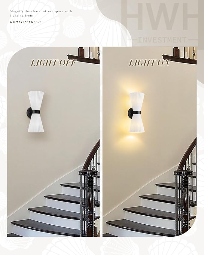 Modern Black Wall Sconce, HWH Up and Down Indoor Sconces Wall Lighting with Frosted Milk White Striped Glass Shade, Hardwired Wall Mounted Vanity Lamp for Bathroom, 5HZG97B-2W BK