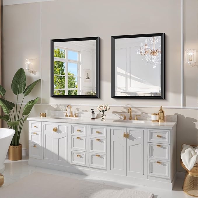Black Bathroom Mirror 30 x 36 Inch Rectangle Wave Beveled Frame for Wall Bathroom Vanity Mirror for Over Sink, Tempered Glass,for Entryway Hangs, Bathroom Living Room Horizontal or Vertical