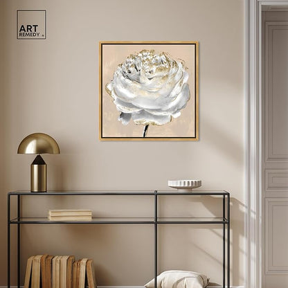 Art Remedy Beige Ranunculus Canvas Elegant White Gold Wall Art, Gold Frame, 24" x 24"