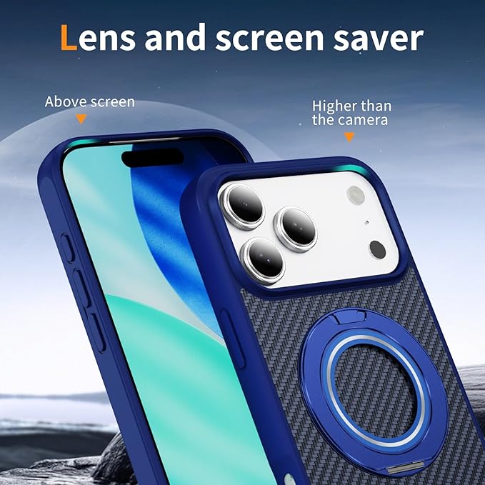 Mag-Stand Carbon Fiber Case for iPhone 17 Pro Max, 360° Rotate Magnetic Stand, Compatible with MagSafe, 15FT Military Protection, Slim Shockproof Magnetic Kickstand Mag Phone Case for Men Women