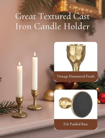 Antique Brass Candlestick Holders: Cast Iron Taper Candle Holder Handcrafted Gold Vintage Candle Sticks Holder Rustic Fall Decor for Dinning Table Mantel Home Party Set of 2
