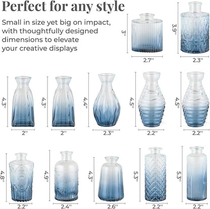 BEAHOT 32 Pack Bud Vase in Bulk,Mini Blue Vintage Glass Flower Vases for Centerpieces,Wedding Decor,Party & Home Decaration,Mother's Day (Blue-Gradient)