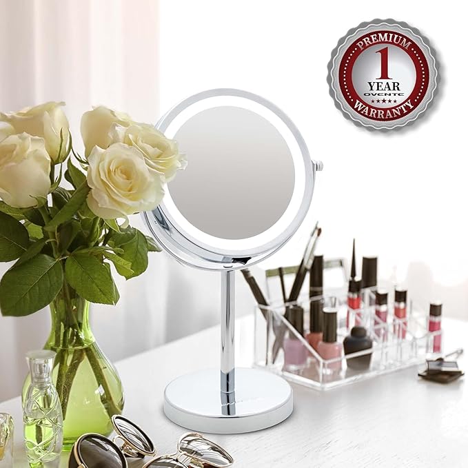 OVENTE 6" Lighted Makeup Mirror with 1X/7X Magnification, Cordless Tabletop Mount Vanity Round Mirror with 360° Swivel Design and Double Sided Cool Tone LED Ring Light, Polished Chrome MLT60CH1X7X
