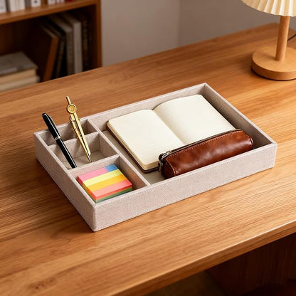 Desktop Storage Organizer, Nightstand or Dresser Organizer, Valet Tray, Entry Table Organizer, 4 Compartments,PU Leather Drawer Storage Organizer Decorative Trays. (Pearl White—2)