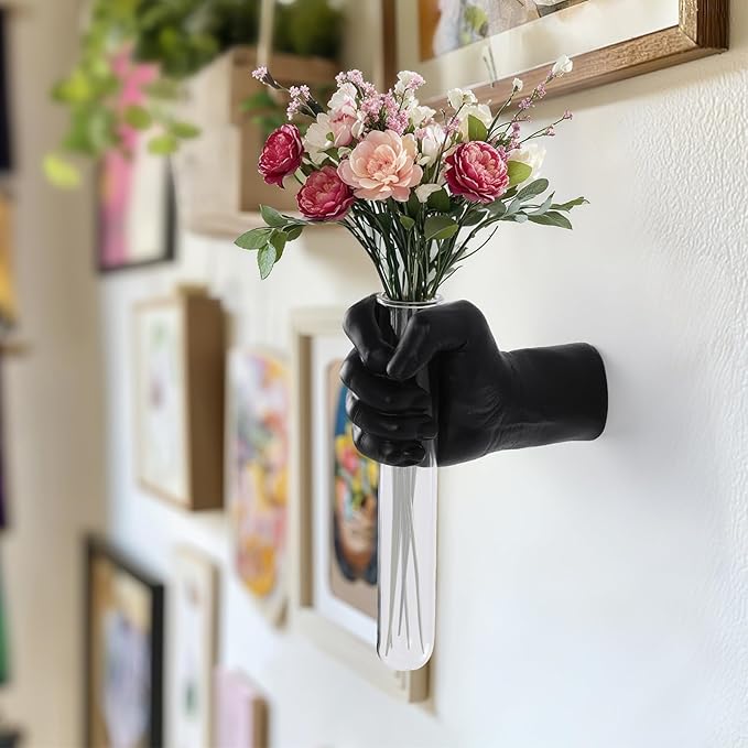 Unique Wall Sculptures, Hand Vases Home Decor, Wall Mount Art Sculpture, Unique Wall Art Statue, Funky Flower Vase Decorations, Modern Eclectic Hanging Decor,Glass Test Tube Vase (Black)