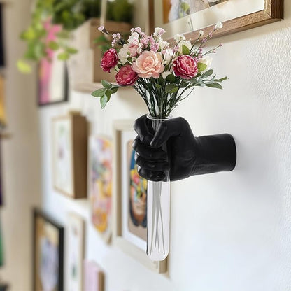 Unique Wall Sculptures, Hand Vases Home Decor, Wall Mount Art Sculpture, Unique Wall Art Statue, Funky Flower Vase Decorations, Modern Eclectic Hanging Decor,Glass Test Tube Vase (Black)