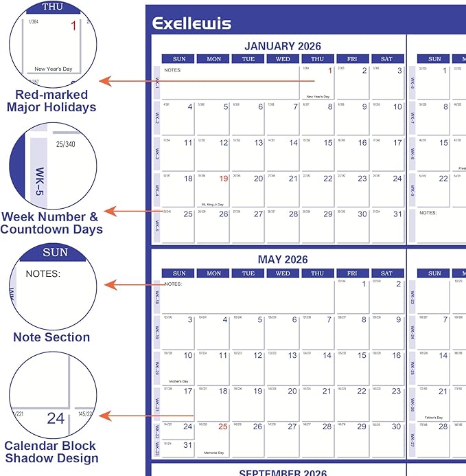 2026 Wall Calendar 24" x 36", 12 Months from January to December, Dry Erase Large Annual Yearly Planner, Horizontal/Vertical Calendar for Easy Planning, Organizing (indigo)