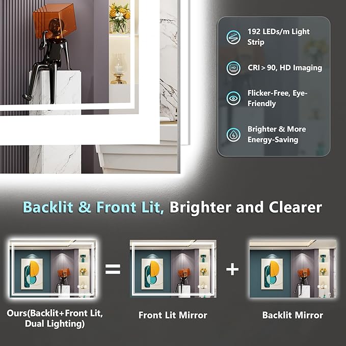 48x40 LED Bathroom Mirror with Lights, Backlit and Front Lit, Anti-Fog Lighted Vanity Mirrors for Bathroom Wall, Dimmable, 3-Color Light, Memory, Shatter-Proof, HD Tempered Glass, CRI＞90