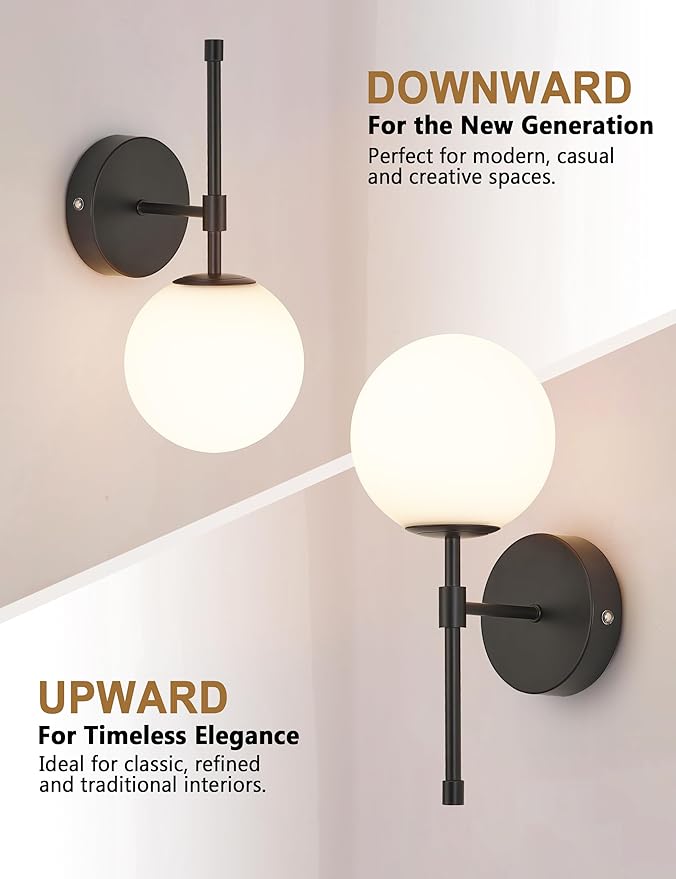 Battery Operated Globe Wall Sconces Set of 2, Black Wireless Wall Lights with Remote Control, Rechargeable 3 Color Stepless Dimming Modern Wall Decor Lamp for Bedroom Living Room Hallway