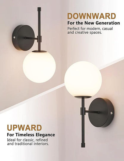 Battery Operated Globe Wall Sconces Set of 2, Black Wireless Wall Lights with Remote Control, Rechargeable 3 Color Stepless Dimming Modern Wall Decor Lamp for Bedroom Living Room Hallway