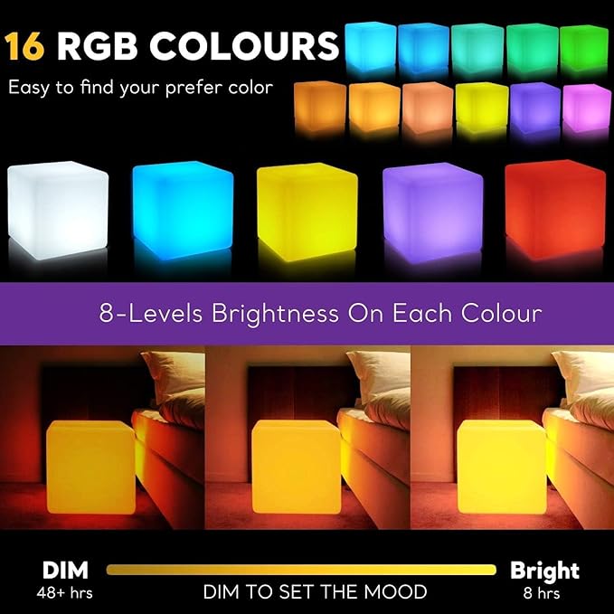 14 inch Versatile LED Cube Light Chair, Rechargeable Light Cubes Table w/Remote, RGB Color Changing Night Light Cube, IP65 Waterproof Lighted Cubes Stool Mood Lights for Kid Home Garden Patio Party