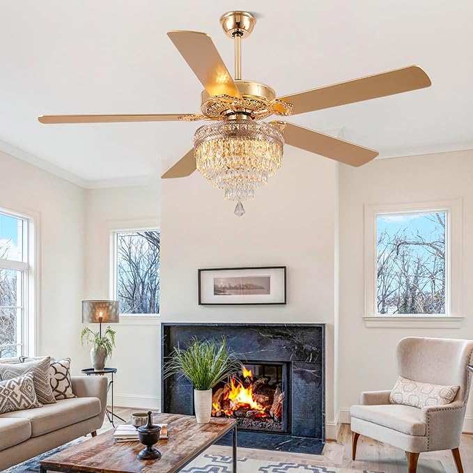 Asyko Crystal Ceiling Fan Fandelier with Lights - 62" Modern Outdoor Fans with Remote Control，Noiseless DC Motor, Retro/Farmhouse Lighting, Dining Room,Living Room (Gold