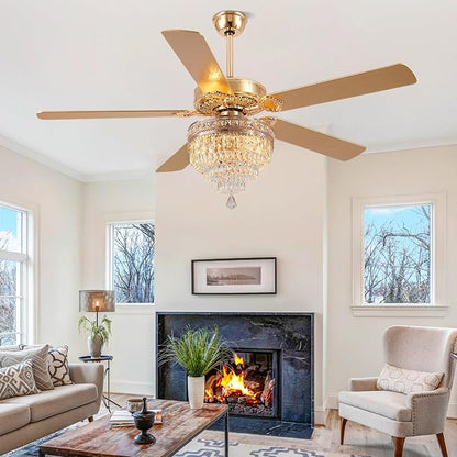 Asyko Crystal Ceiling Fan Fandelier with Lights - 62" Modern Outdoor Fans with Remote Control，Noiseless DC Motor, Retro/Farmhouse Lighting, Dining Room,Living Room (Gold