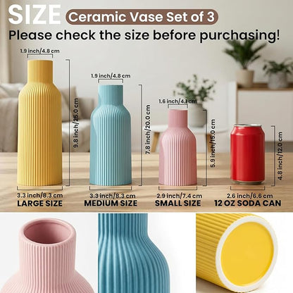 Colorful Ceramic Vases Set of 3 (Pink, Blue, Yellow) - Modern Matte Ribbed Color-Block Vases for Dried Flowers - Scandi Boho Decor Centerpieces for Living Room & Shelf