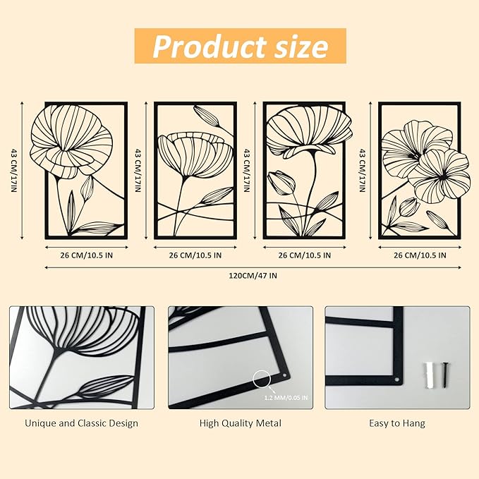 ESTART 4 Pieces Metal Lotus Wall Decor Abstract Floral Aesthetic Splicing Line Art Minimalist Wall Decor for Bedroom Flowers Hanging Wall Sculpture for Living Room Kitchen Office Yoga Room (Black)