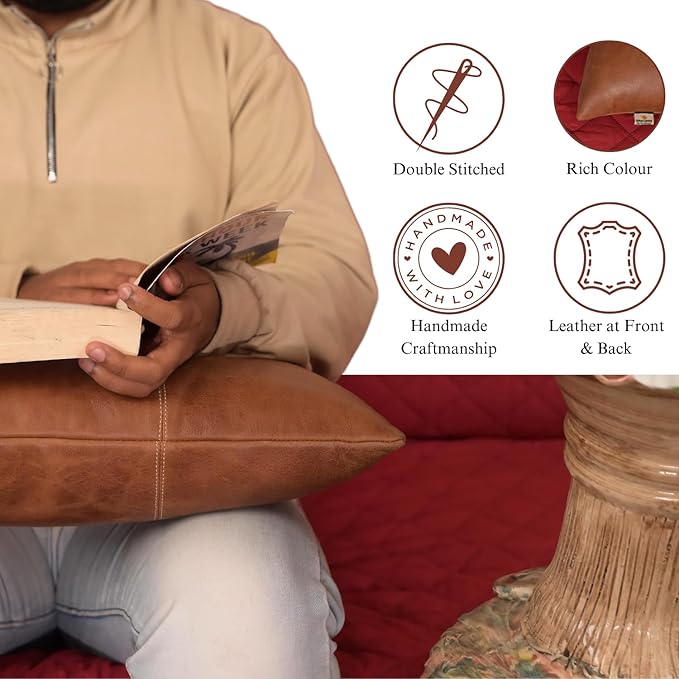 Genuine Lambskin Leather Pillow Cover, 10x18 Inch Case for Lumbar Throw Couch Pillows, Thick & Soft Cushion Covers for Sofa Bed Home Decor (Cognac Brown Plain Pack of 2)