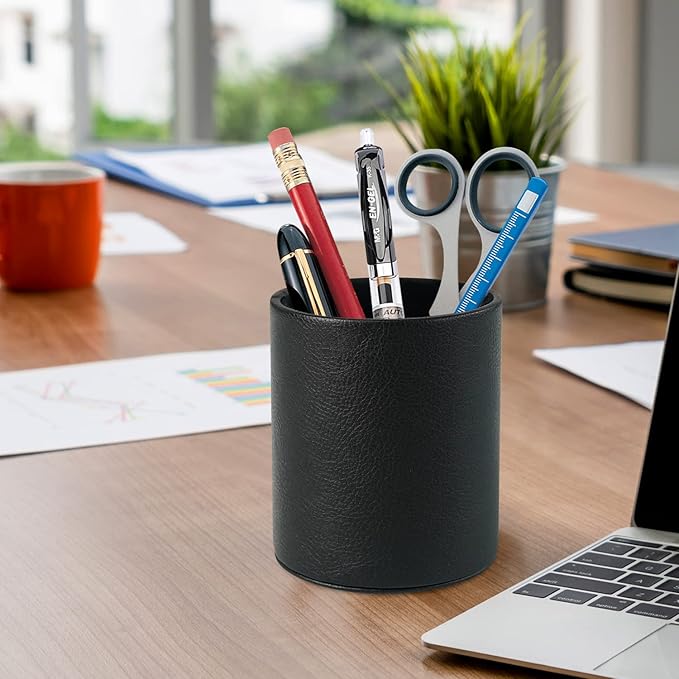 PU Leather Pencil Pen Holder Cup Stand,Desk Accessories Holder,Makeup Brush Storage Organizer,Desktop Stationery Organizer for Office School Home Supplies (Black)