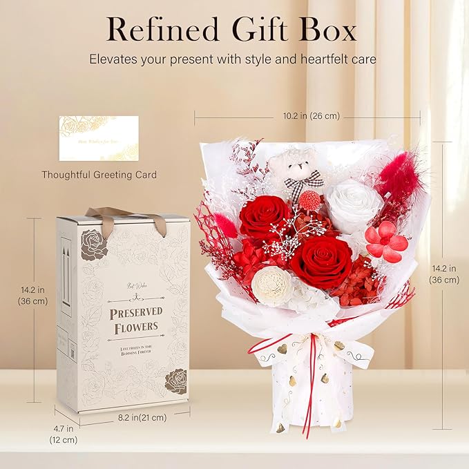 Preserved Flowers Bouquet with Bear, 3 Real Forever Flowers for Delivery, Long-Lasting Red Eteranl Roses Bouquet, Anniversary Birthday Valentine Gifts for Women Mom Her Wife Girlfriend Teenage Girls