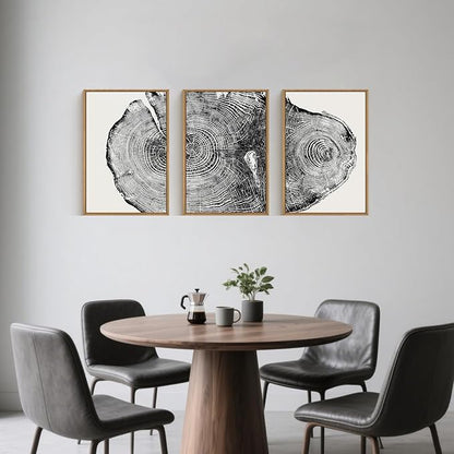 Large Vintage Tree Ring Framed Canvas Wall Art,Abstract Wood Stump Wall Decor,Neutral Annual Ring Artwork,Modern Black and White Art Print for Living Room,Bedroom,Office- 16"x24"x3