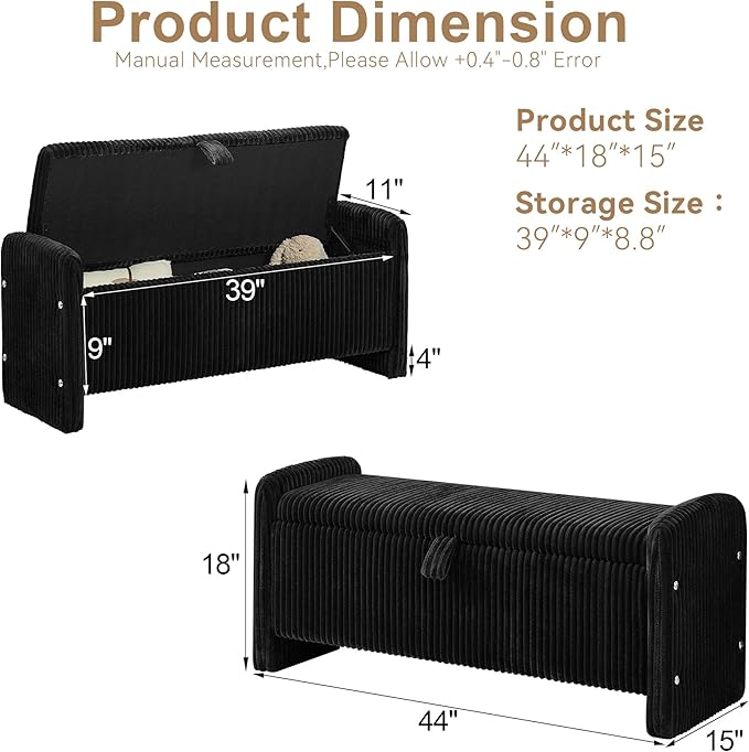 44" Storage Ottoman Bench, Upholstered End of Bed Storage Benches, Rectangle Ottoman with Storage for Bedroom, Entryway, Corduroy Black