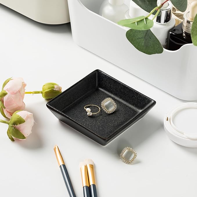 Ceramic Trinket Dish, Ring Tray, Decorative Jewelry Dish for Earrings Necklaces Watch Keys for Women (black square)