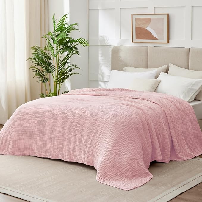 100% Cotton Muslin Blanket King 108" x 90", 6 Layers Breathable and Lightweight Cotton Throw Blankets for Bed, Soft Cooling Summer Gauze Blanket for Adults All Season, Dusty Rose‌