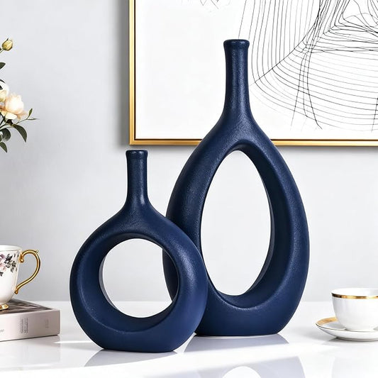 Navy Blue Ceramic Hollow Elliptical Vase Set of 2 - Boho Circle Vase with Hole, for Modern Navy Blue Table Decor, Living Room Decor Shelf mid Century Modern Home Entrance Decorative vase