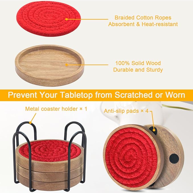 Coasters for Drinks Absorbent Sets of 5, Woven Coasters with Holder, Housewarming Gift for Farmhouse Home Decor, 4 inches (Red)