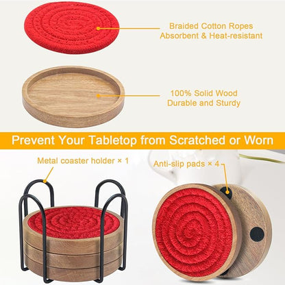 Coasters for Drinks Absorbent Sets of 5, Woven Coasters with Holder, Housewarming Gift for Farmhouse Home Decor, 4 inches (Red)