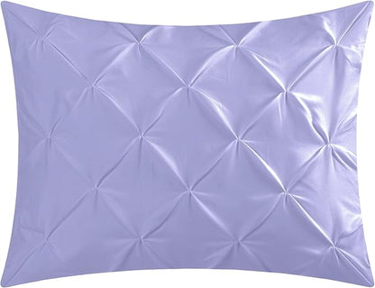 EVOLIVE 4pc Set Pinch Pleat/Kiss Pleat, Pintuck Down Alternative Comforter Set with Pompom (Full/Queen, Purple)