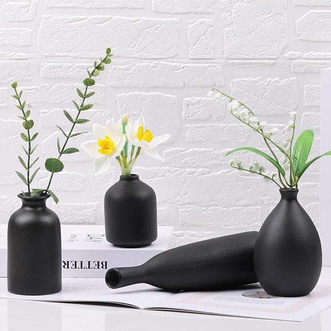 Black Ceramic Vase Set of 4, Matte Black Vases for Home Decor, Ceramic Small Bud Vase for Flowers, Modern Minimalism Decorative Flowers Vases for Centerpieces, Table, Shelf, Office Decor