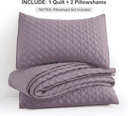 HORIMOTE HOME Quilt King Size Grayish Purple, Lightweight Quilt for Summer, Ultra-Soft Microfiber Modern Style Quilted Clouds Pattern Bedspread Quit Set 3 Pieces(1 Quilt and 2 Pillow Shams)