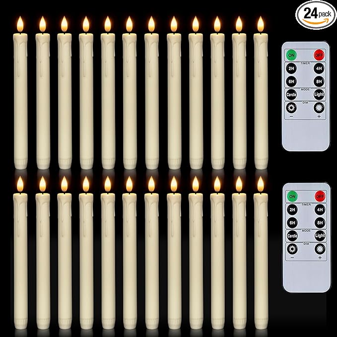 Homemory 24 Pcs Flameless Taper Candles with Remote, Timer, Dimmer, Plastic Battery Operated CandleSticks, Ivory Led Window Candles with Flickering Light, 9.6 Inches for Halloween Christmas Decoration