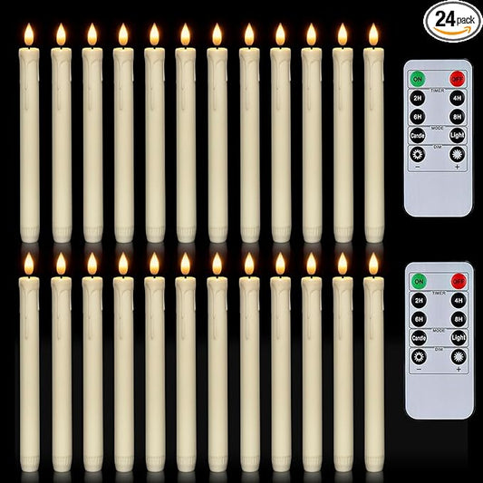 Homemory 24 Pcs Flameless Taper Candles with Remote, Timer, Dimmer, Plastic Battery Operated CandleSticks, Ivory Led Window Candles with Flickering Light, 9.6 Inches for Halloween Christmas Decoration