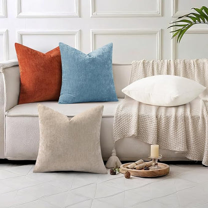 decorUhome Chenille Grey Blue Throw Pillow Covers 18x18 Inch Set of 2, Decorative Soft Couch Pillow Covers Solid Dyed Accent Farmhouse Neutral Square Pillow Cases for Sofa Bed Living Room