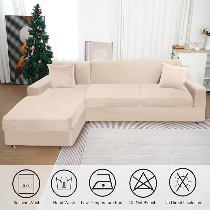 Sectional Couch Covers for 3-Piece Seat Cushion Velvet Separate L Shape Couch Cover Stretch Sofa Slipcover with 2 Pieces Pillowcases Furniture Protector (Sofa 2 Seater + 1 Chaise, Beige)