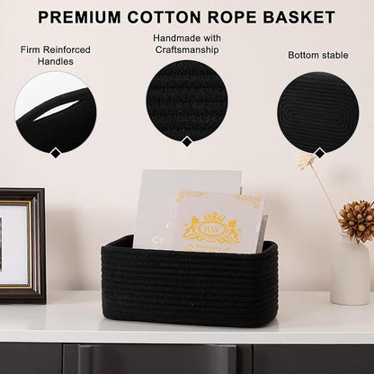 4 Pack Small Storage Shelf Baskets for Organizing, Mini Woven Rope Storage Bins for Towels, Cute Decorative Closet Organizer，Baby Nursery, Gift Empty Baskets -13''Lx8.66''Wx5.11''H-Black