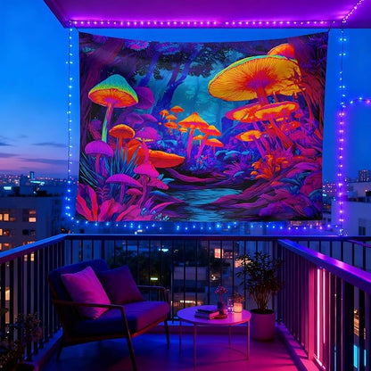 seewan Black Light Fantasy Mushroom Tapestry, Glow-in-the-Dark UV Neon Magic Forest Wall Hanging, Psychedelic Fantasy Nature Art Tapestry, Bedroom Dorm Living Room Background Decor