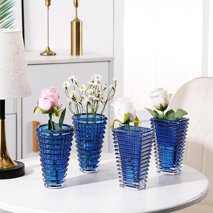 MCMCNCUIU Crystal Flower Vase Set of 4, Glass Vases for Centerpieces, Blue Vases for Flowers, Small Vase for Living Room, Bedroom, Kitchen, Office, Wedding
