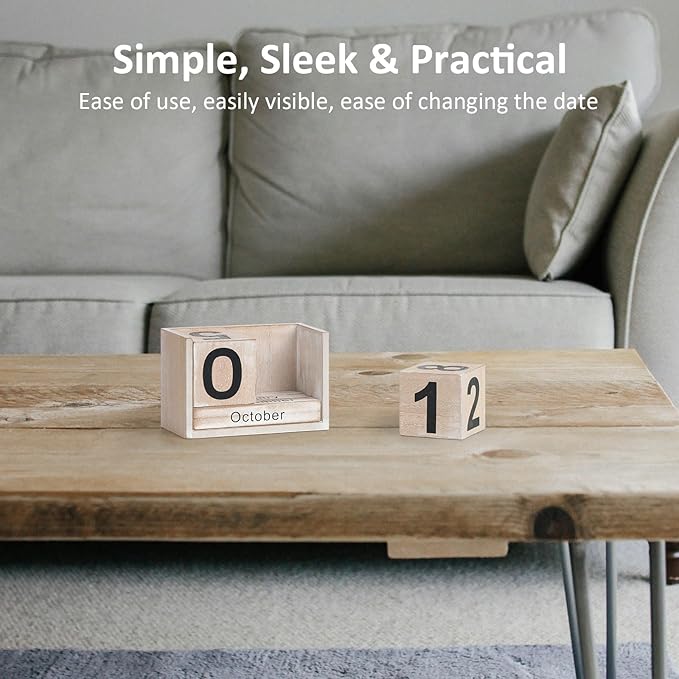 Wooden Block Calendar for Desk, Small Size Daily Desktop Perpetual Desk Calendar, Cute Date Display Desk Accessories for Home Office Decor, Teacher, Classroom, Reusable Yearly, Grey Beige