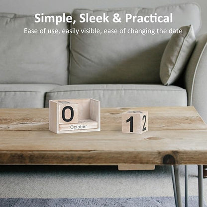 Wooden Block Calendar for Desk, Small Size Daily Desktop Perpetual Desk Calendar, Cute Date Display Desk Accessories for Home Office Decor, Teacher, Classroom, Reusable Yearly, Grey Beige