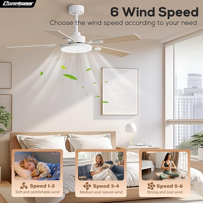 52 Inch Ceiling Fans with Lights and Remote for Bedroom Living Room Kitchen Office, Indoor/Outdoor Use, 5CCT Dimmable, 5 Blades 6 Speed Reversible Quiet DC Motor, White/Wood Grain, 2 Pack