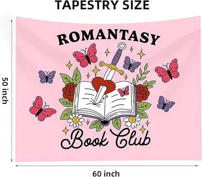 Romantasy Book Club Tapestry - Fantasy Books Library Tapestries, Pink Magical Document Tapestrys, Cute Aesthetic Fairy Tapestries Wall Hanging, Beach Throws Table Cloth Bedding Tapestry - 50 x 60 Inches