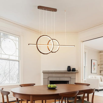HEYAN 43" Farmhouse Pendant Light in Walnut Wood Finish, Light Fixtures Over Table，Double Multi-Faceted Metal Ring Long Linear Kitchen Island Lighting for Dining Room Table Coffee Bar Counter