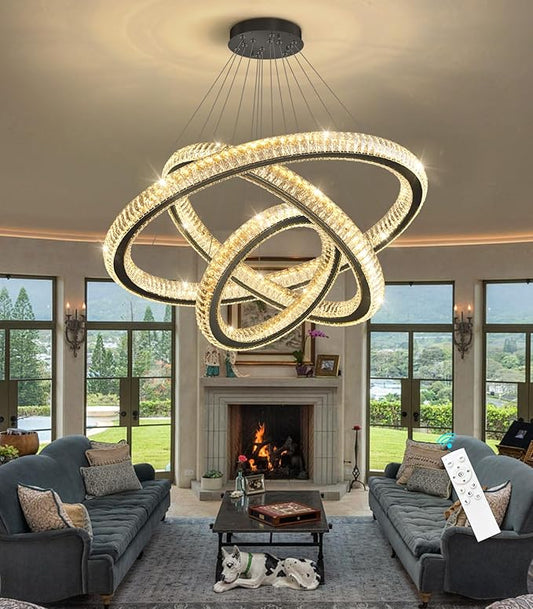 3 Rings Modern LED Chandelier Crystal Dimmable Large Foyer Chanderliers Entryway High Ceiling for Staircase Pendant Lights for Living Room Black Light