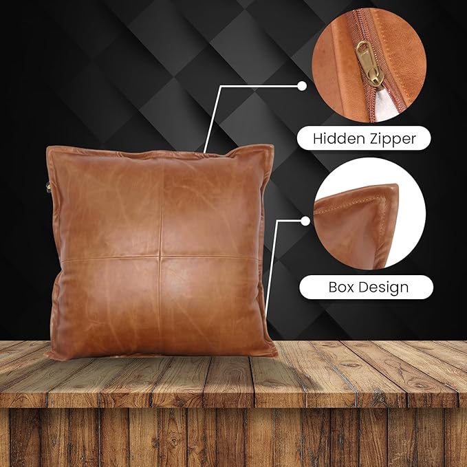 LL LEATHER LOVERS Lambskin Leather Pillow Cover - Sofa Cushion Case - Decorative Throw Covers for Living Room & Bedroom, 14x14 Inches - Antique Brown Box Pack of 2